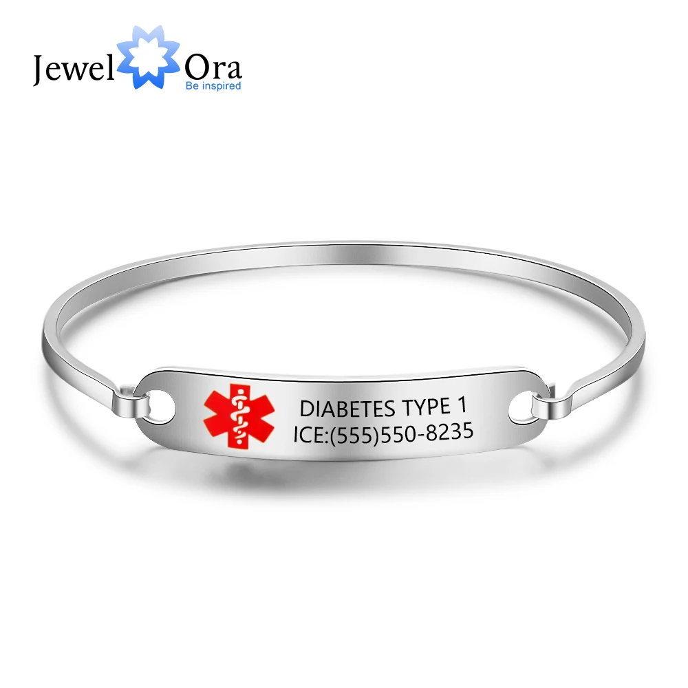 

Personalized Name Medical Alert ID Bracelets for Women Men 2 Color Stainless Steel Engrave Emergency Bangles (JewelOra BA102476)