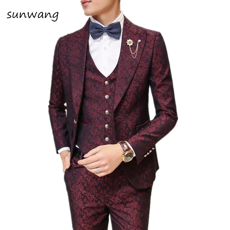 2018 Brand 3PCS Flower Wedding Dresses Royal Blue Suit For Men Black Suit Yellow Slim Fit