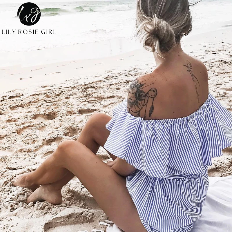 

Lily Rosie Girl Blue Striped Off Shoulder Casual Women Playsuits Short Rompers Sexy Slash Neck Jumpsuits Ruffles Sashes Overalls