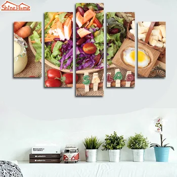 

ShineHome-5pcs Canvas Oil Painting Fresh Salad Egg Delicious Wall Picture Printing Prints Restaurant Hall Store Walls Decoration