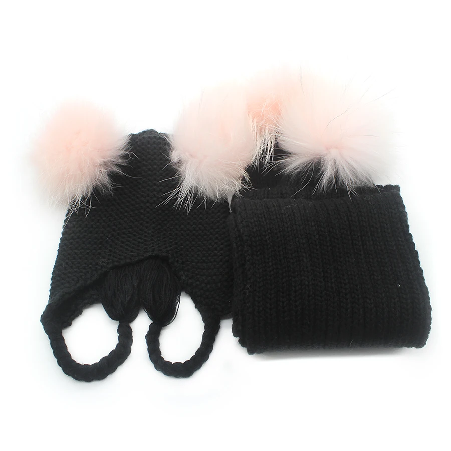 Детская одежда Набор шапки и шарфа для мальчиков и девочек, От 1 до 3 лет Популярные Pom косичка зимняя теплая шапочка Шапки