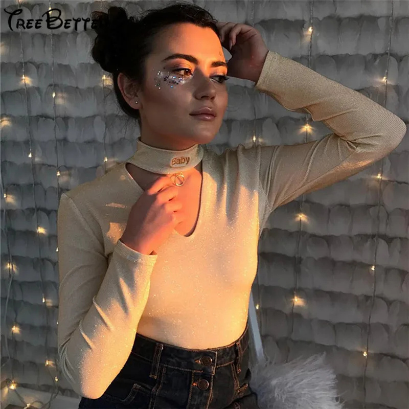 2019 Spring Winter New Women's Wear Neck Hollow Letter Embroidery Long Sleeve Sleeve Slim Clothes