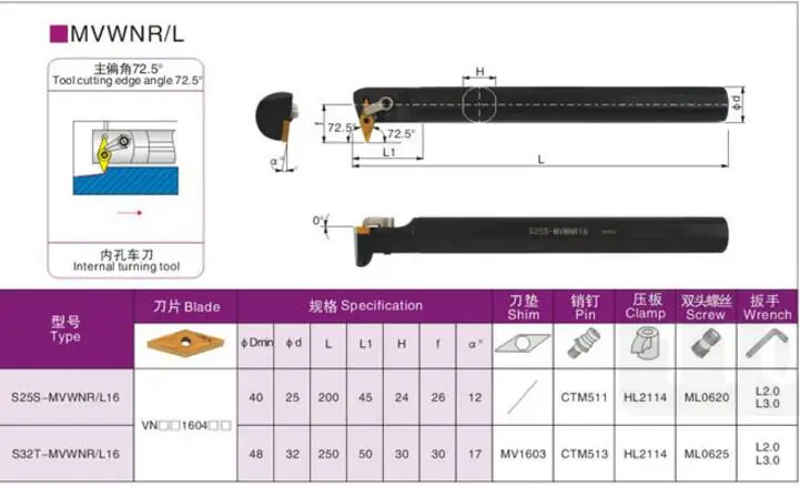 Angle 72.5 1PCS S20R-MVWNR16 S25S-MVWNR16 S32T-MVWNR16 S40T-MVWNR16 MVWNL16 20mm 25mm 32mm 40mm the CNC Turning Lathe tools