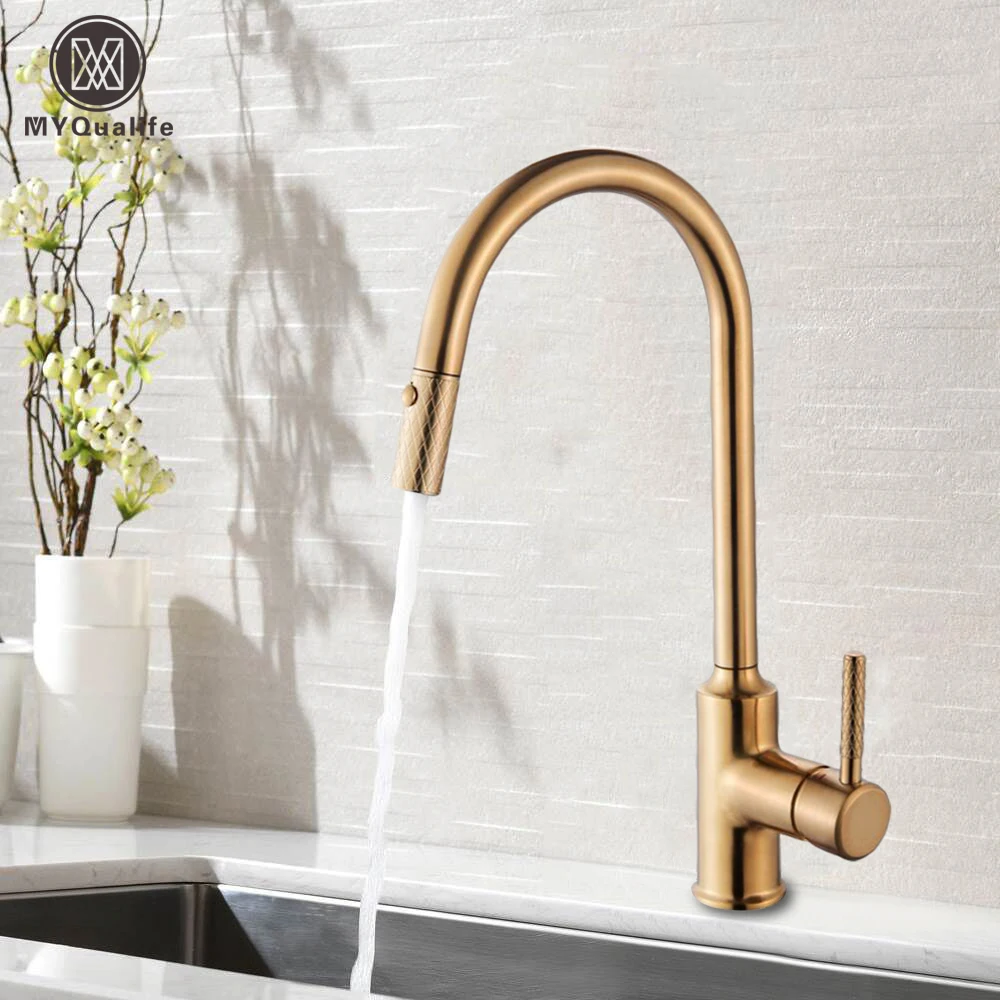 

Free Shipping Brushed Gold Kitchen Faucet Single Handle Pull Out Kitchen Mixer Hot and Cold Water Taps Deck Mounted