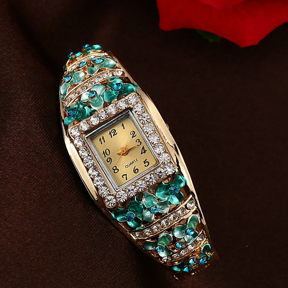 

New Fashion Multi Color Crystal Flower Bracelet Watch Rhinestone Bangle Watches Women Alloy Quartz Wristwatches B