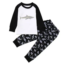 Акула печати с длинным рукавом Весна и осень комплект 2 шт Для детей с героями мультфильмов для мальчиков и девочек Акула печати верхняя одежда+ брюки наряды комплект F4
