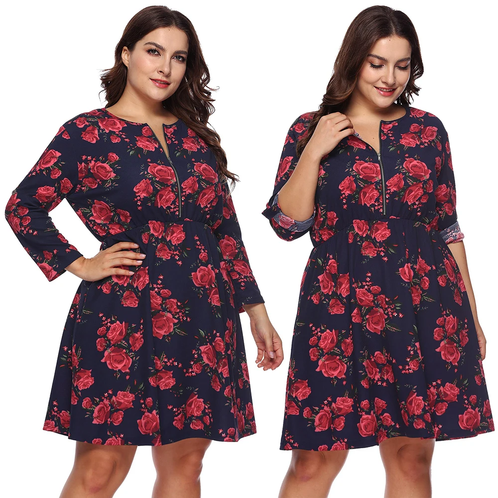 

Oversize Women Dress 2018 Hot Elegant Printing Zipper Dresses Autumn Winter Large Size Female Seven-Point Sleeve O-neck Women