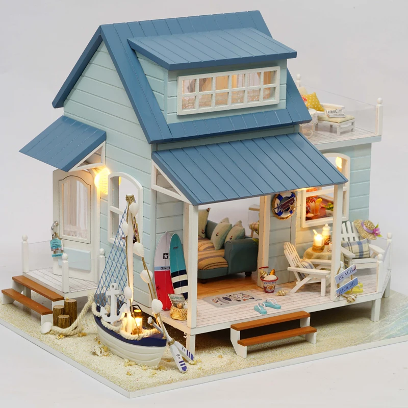

Doll House Miniature DIY Dollhouse With Furnitures 3D Wooden House Handmade Toys Gifts for Kids Caribbean Sea A037 #E