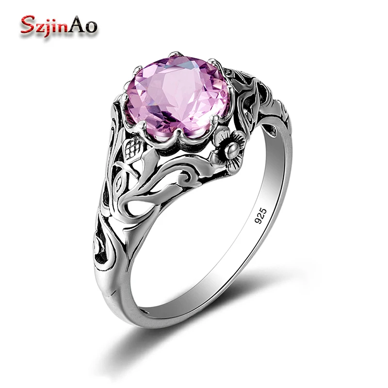 

Szjinao Handmade Authentic 925 Sterling Silver Sparkling Flower Knot Ring Micro Pave Pink Crystal for Women Wedding Jewelry