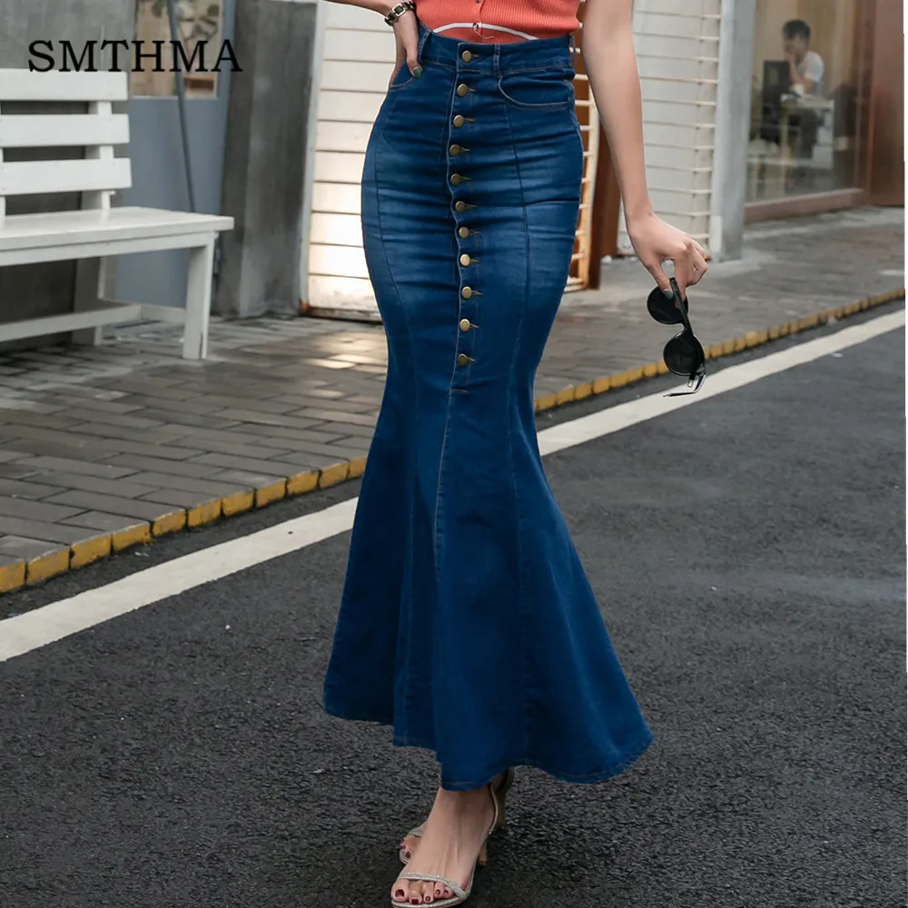 

SMTHMA High waist long skirts for women 2019 New fashion Single-breasted bodycon wrap denim trumpet mermaid skirt