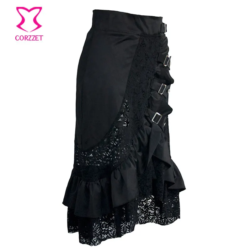 Черная панк с пряжками заниженная средняя готическая юбка в стиле бурлеск женские юбки с рюшами и кружевом подходящие стимпанк Корсеты и бюстье
