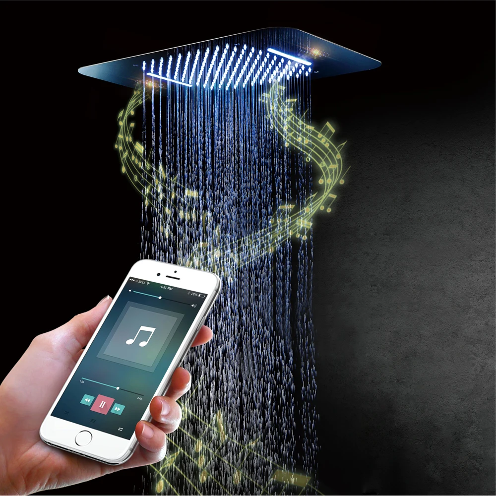 580*380mm Shower Head LED Light Ceiling SUS304 Bathroom Shower Accessories Music FM Radio Bluetooth Waterfall Rainfall Showers
