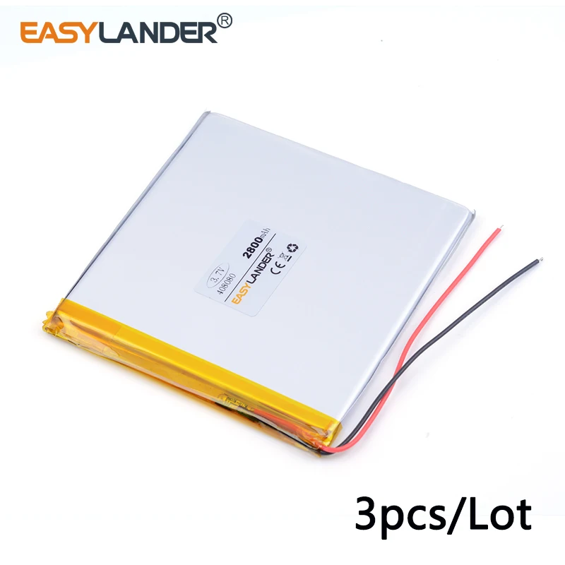 3pcs /Lot 408080 3.7v 2800MAH lithium Li ion polymer rechargeable