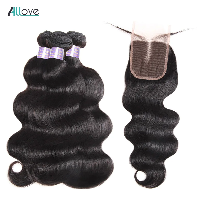 

Allove Indian Body Wave With Closure 4x4 Middle Part 4Pcs/Lot Non Remy Human Hair Weave 3 Bundles With Closure Free Shipping