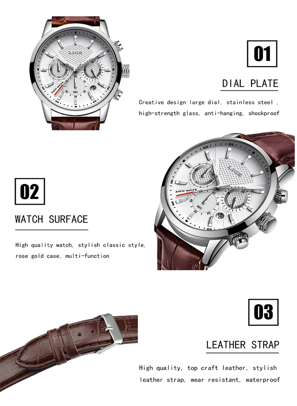 LIGE Multifunction Mens Watches Top Brand Luxury Casual Quartz Watch Men Sport Waterproof Clock Silver Watch Relogio Masculino