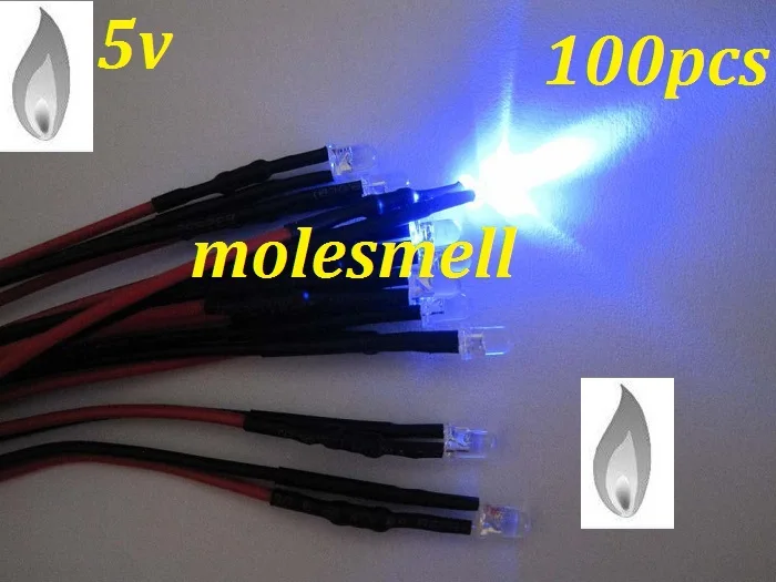 

Free shipping 100pcs 3mm Blue Flicker 5V Pre-Wired Water Clear LED Leds Candle Light 20CM