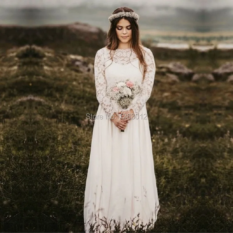 

A-Line Bridal Gowns 2019 Bateau Long Sleeves Floor-Length Chiffon Wedding Dress with Lace Vestido de Noiva Mariage
