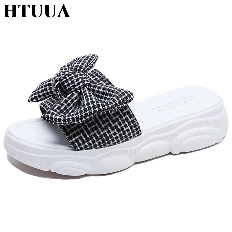 

HTUUA Summer Fashion Plaid Butterfly-knot Wedge Slippers Women Shoes Outside Boho Beach Slides Thick Heel Platform Sandals S2336