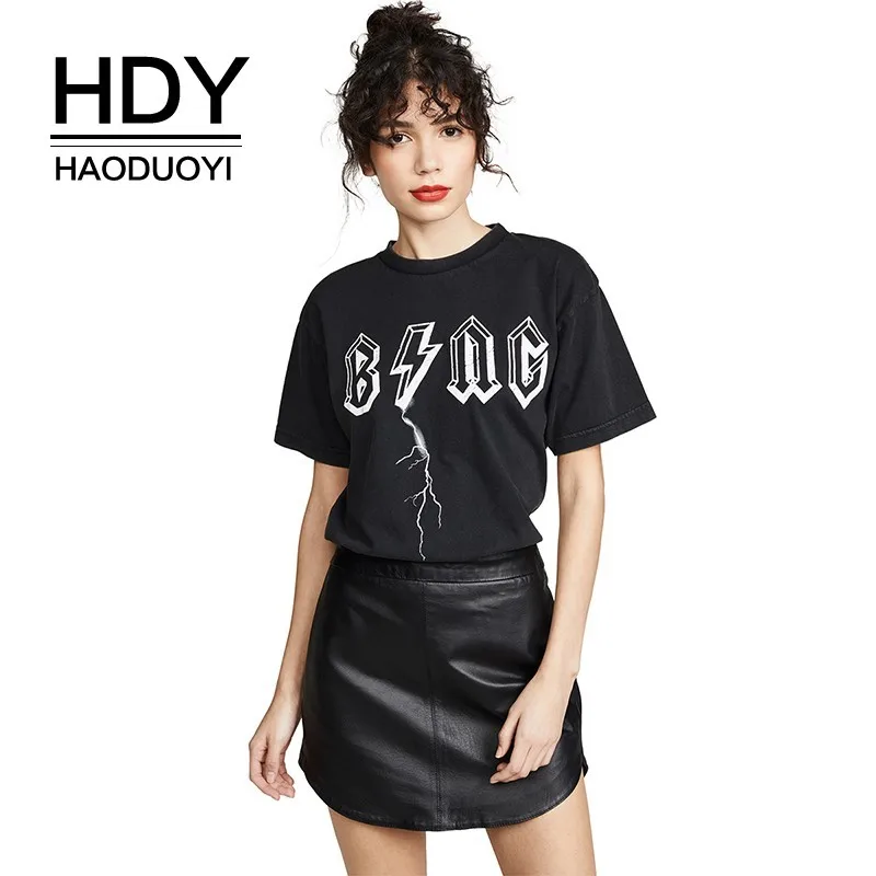 

HDY Haoduoyi 2019 Women New Cotton Tees O-neck Letter Print Short Sleeve Tops Fashion Casual Black T-Shirt Female Wholesale