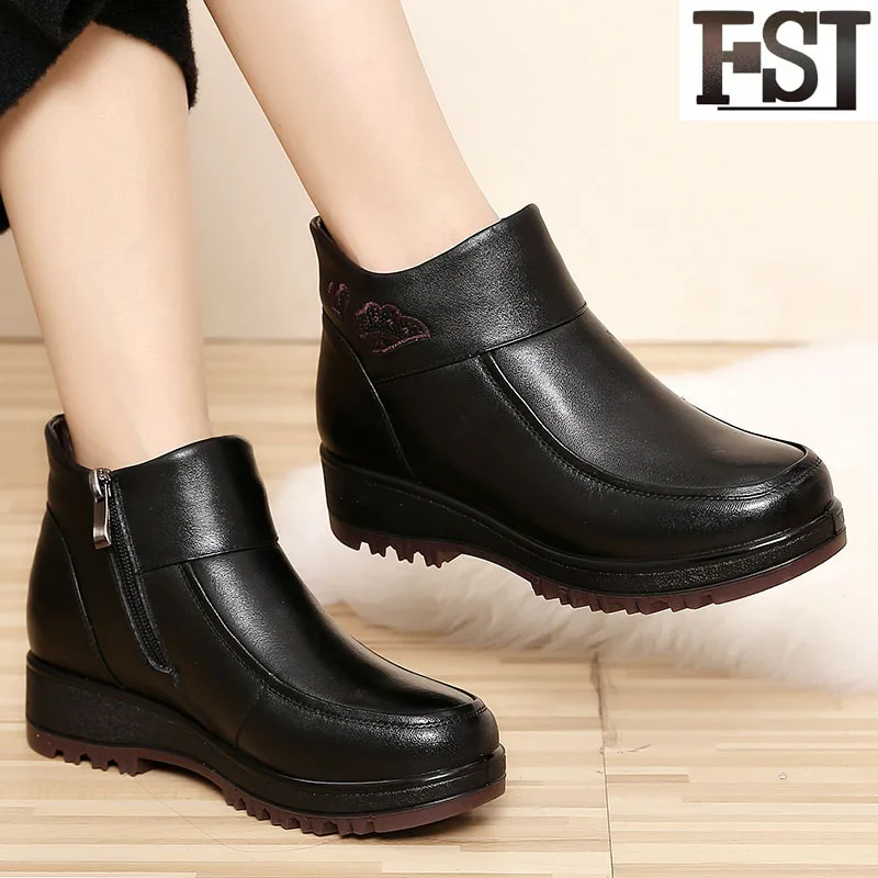 

FSJ Genuine Leather Ladies Woman Boots Round Toe Ankle Bonded Leather Wedges Winter Patent Leather Sewing Mature Fashion