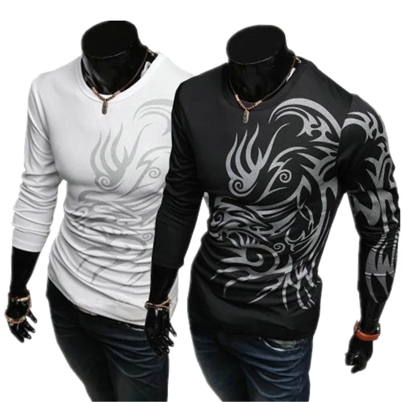 

2019 Spring Autumn New Men's Tattoo Printed Long Sleeve T Shirts Fashion Man Slim O-Neck Base Shirt T-Shirts Men's Tops SSW78