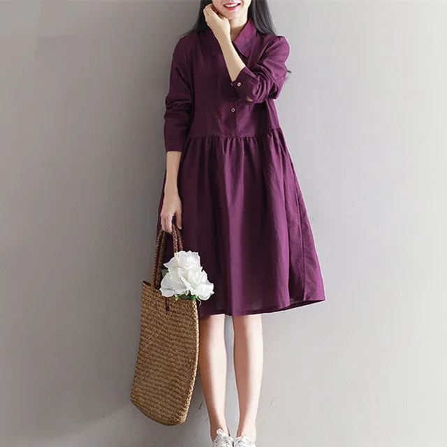 

New Large Size Women Autumn Dresses Winter Fall 2018 Loose Mori Girls Lolita Long sleeves Vintage Cotton Linen A-Line Dress