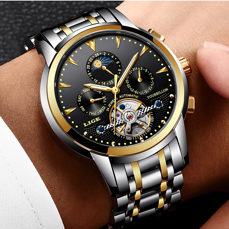 

New LIGE Mens Watches Military Sports Waterproof Top Brand Watch Men Business Full Steel Mechanical Watch Relogio Masculino+Box