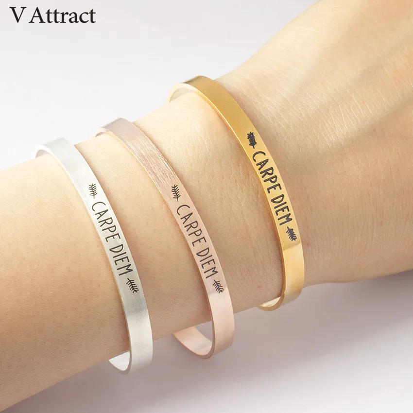 V Attract Stainless Steel individuality Jewelry Carpe Diem Cuff Bracelets For Women And Men Fashion Leaf Bangles