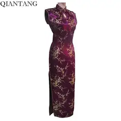 Мода Бургундия летнее китайское Для Женщин Атлас Холтер Cheongsam Mujeres Vestido длинное платье Qipao цветок размеры s m l xl XXL, XXXL J3037