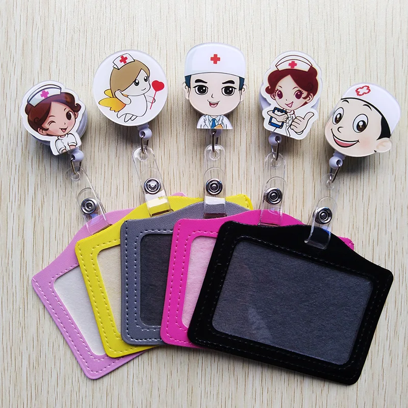 1Pcs Cute cartoon Retractable Badge Reel withHorizontal and vertical style PU ID Doctor and nurse Card Work Card Badge Holder