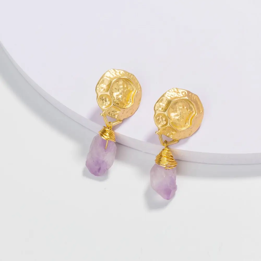 

LEADERBEADS Women's Elegant Gold Circular Alloy Natural Purple Stone Drop Earrings Girl's Charm Hand Wound Brincos Accessories