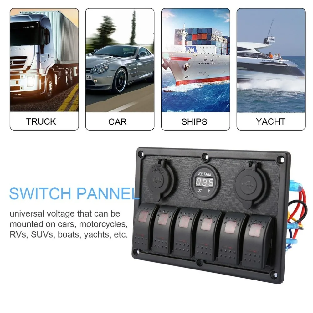 

5PIN Dual Lamp 6 Gang Rocker Switch Control Panel Cigarette Lighter Socket LED Light Circuit Breakers for Car Boat