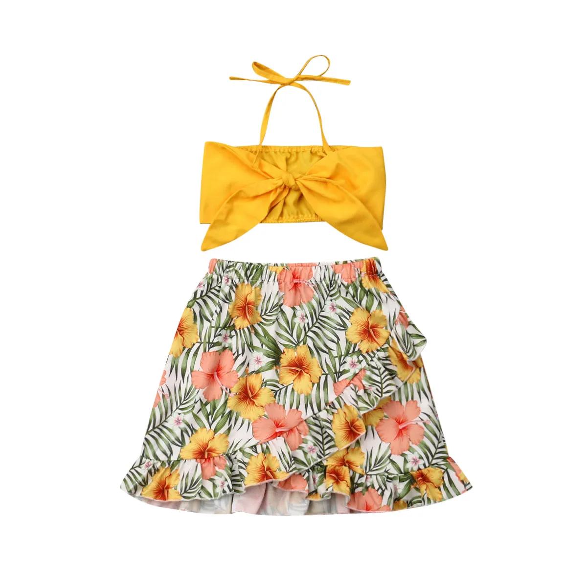 

2019 Holiday Infant Kids Baby Girls Clothes Sets 1-5Y Sleeveless Bow Belt Vest Tops+Flowers Print A-Line Skirts
