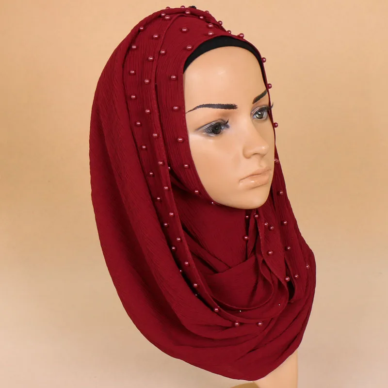2018 Национальный Ислам мусульманских Для женщин шифон длинные хиджаб шаль Шарфы для женщин Бусы из жемчуга Voile фуляры солнцезащитный крем