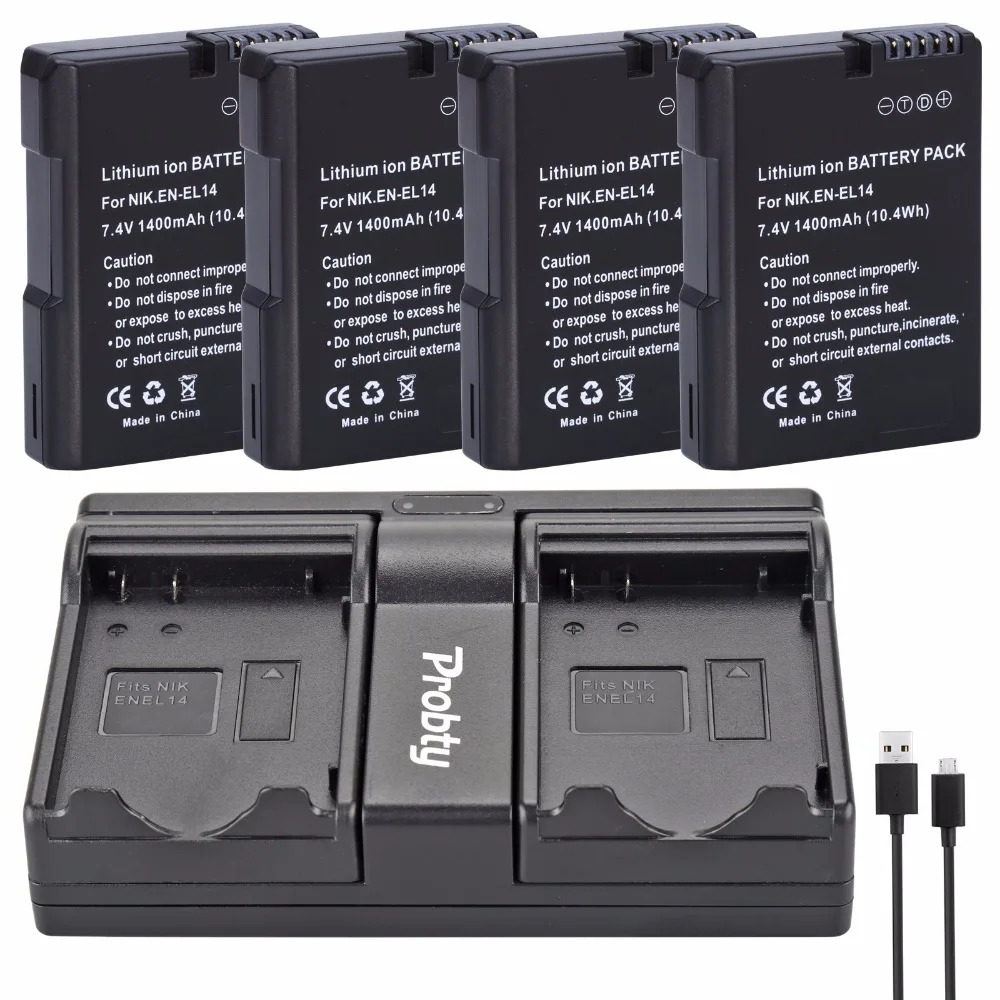 

PROBTY 4pcs EN-EL14 EN EL14 Camera Battery + USB Dual Charger For Nikon DF D90 D300 D5300 D5200 D5100 D3300 D3200 D3100 P7800