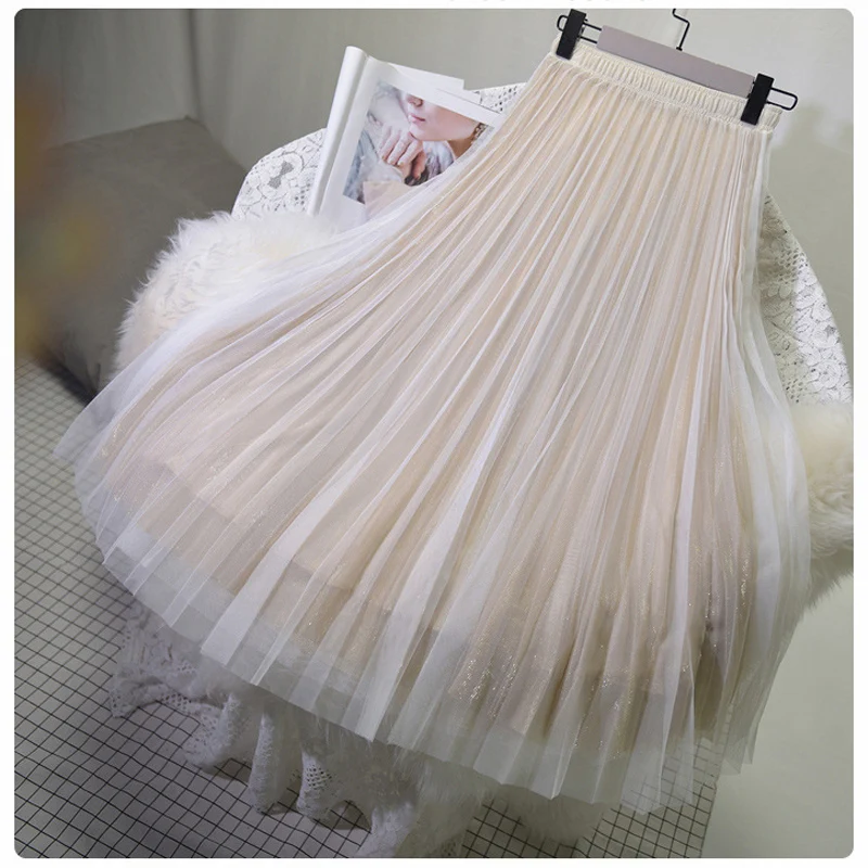 Women's 3 Layer Bright Tulle Skirt Ladies Korean High Waist Shining Tutu Skirt Pleated Mesh Midi Skirts Faldas Autumn