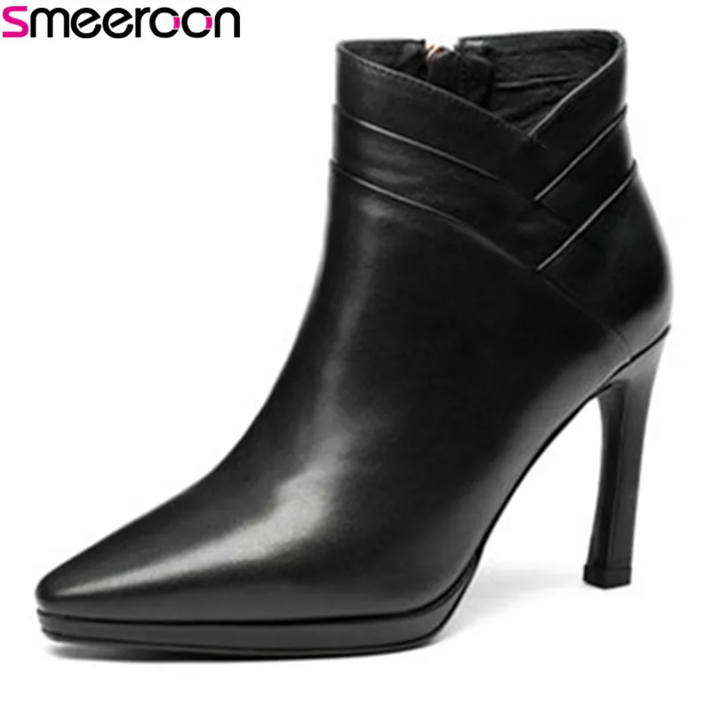 

Smeeroon cwo genuine leather boots pointed toe super high heels zip ankle boots for women autumn winter boots party shoes