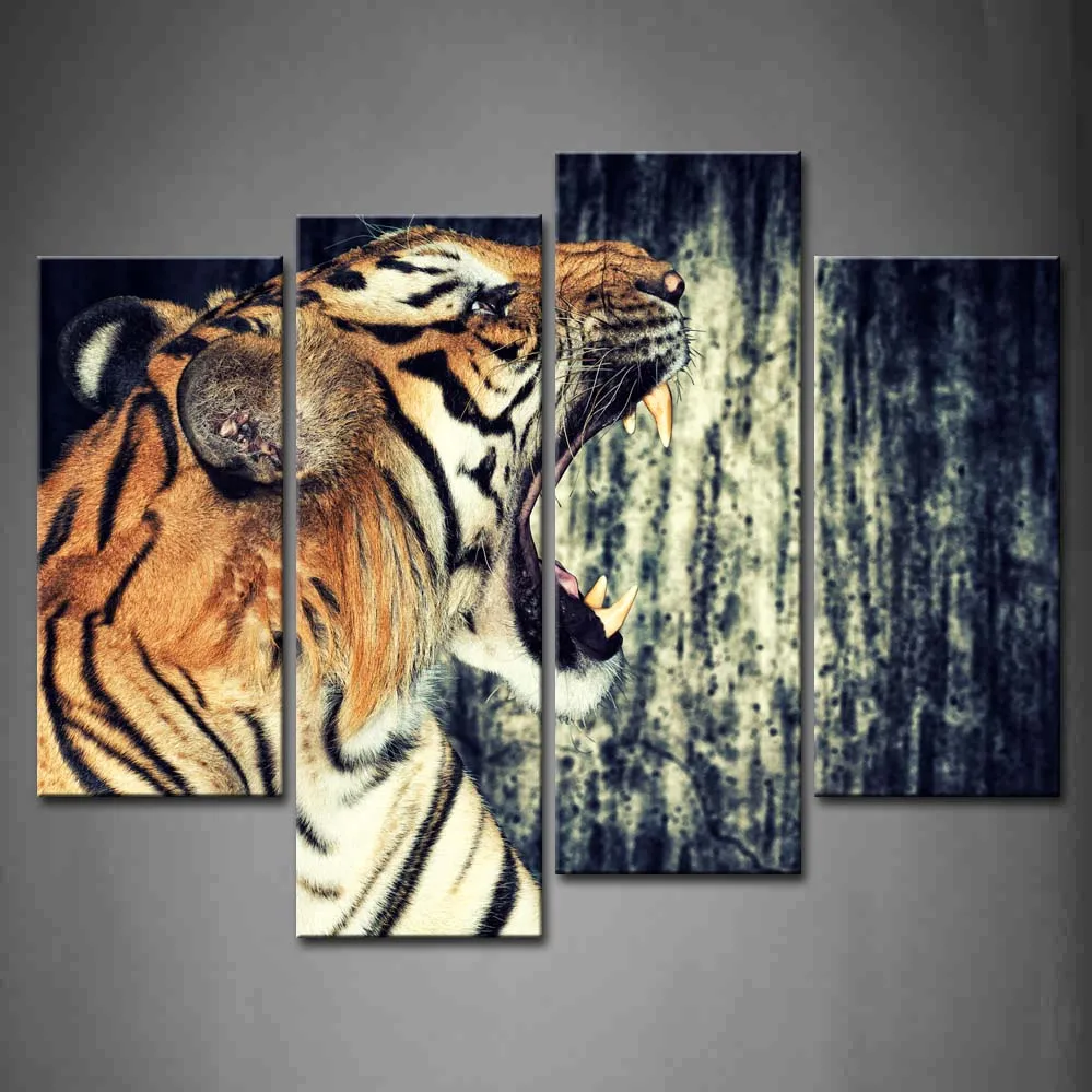 

Framed Wall Art Picture Tiger Against Wall Canvas Print Artwork Animal Modern Posters With Wooden Frames For Living Room