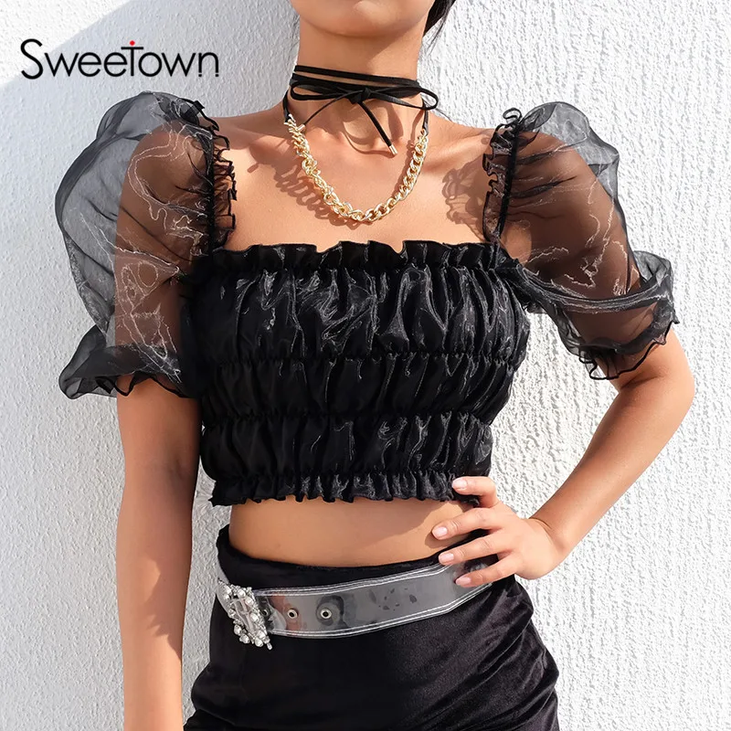 

Sweetown 2019 Black Vintage Boho T Shirt Patchwork Mesh Puff Sleeve Woman Tshirt Top Square Collar Pleated Kawaii Summer Shirt
