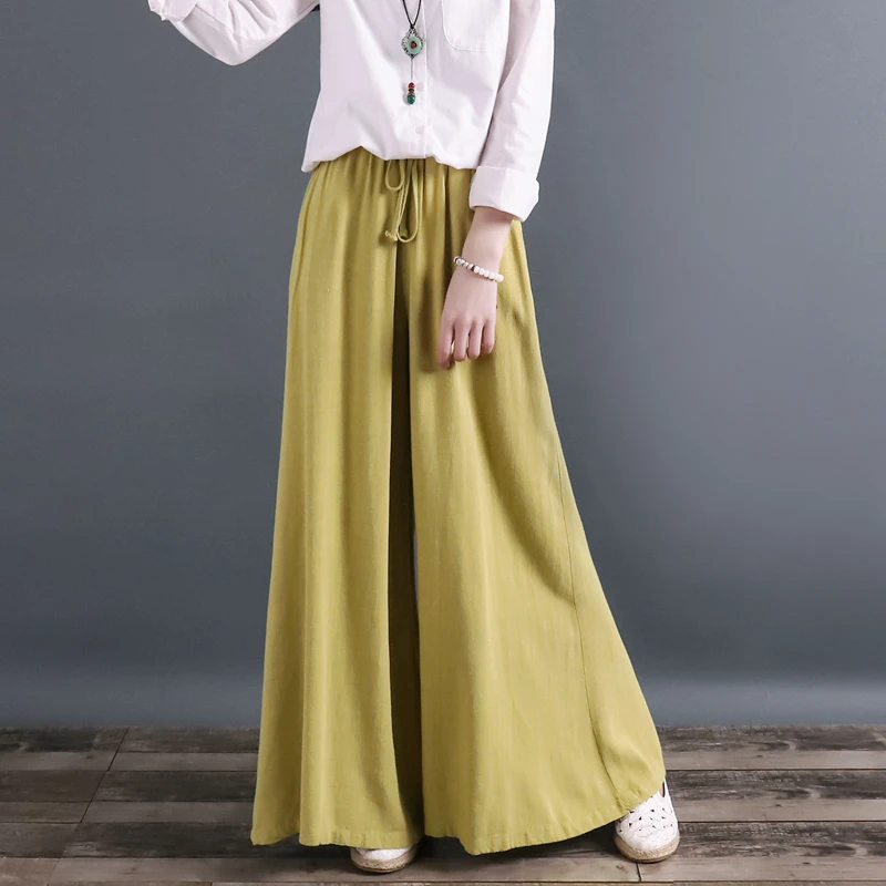 

2018 Spring Autumn Women Casual Loose Solid Color Cotton Linen Trousers Vintage Drawstring Waist Wide Leg Pants