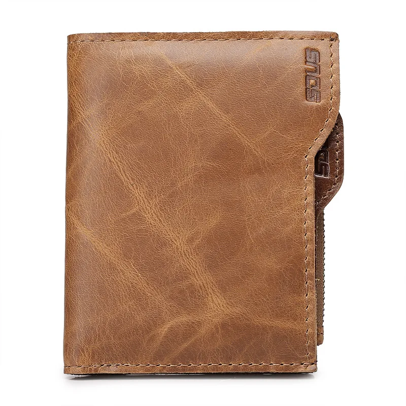 

Men's retro genuine leather slim wallet two folded short money purse solid color drive license luxury card holder
