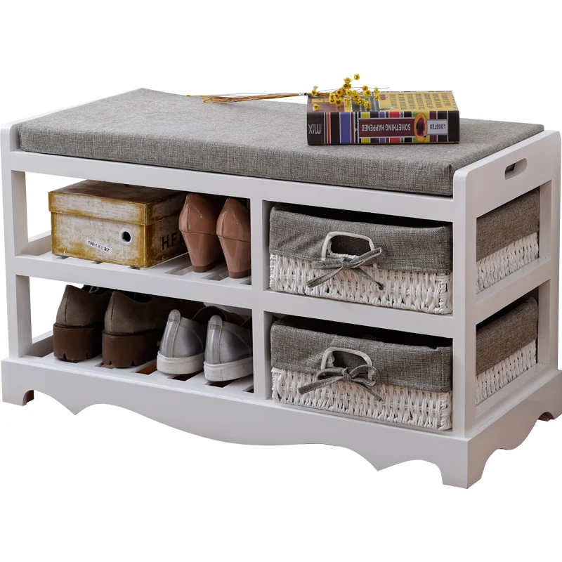 Contemporary Wooden Shoes Organizer Storage and Holder Bench with Soft Seat Cushion for Home Entryway, Hallway Shoe Rack Ottoman