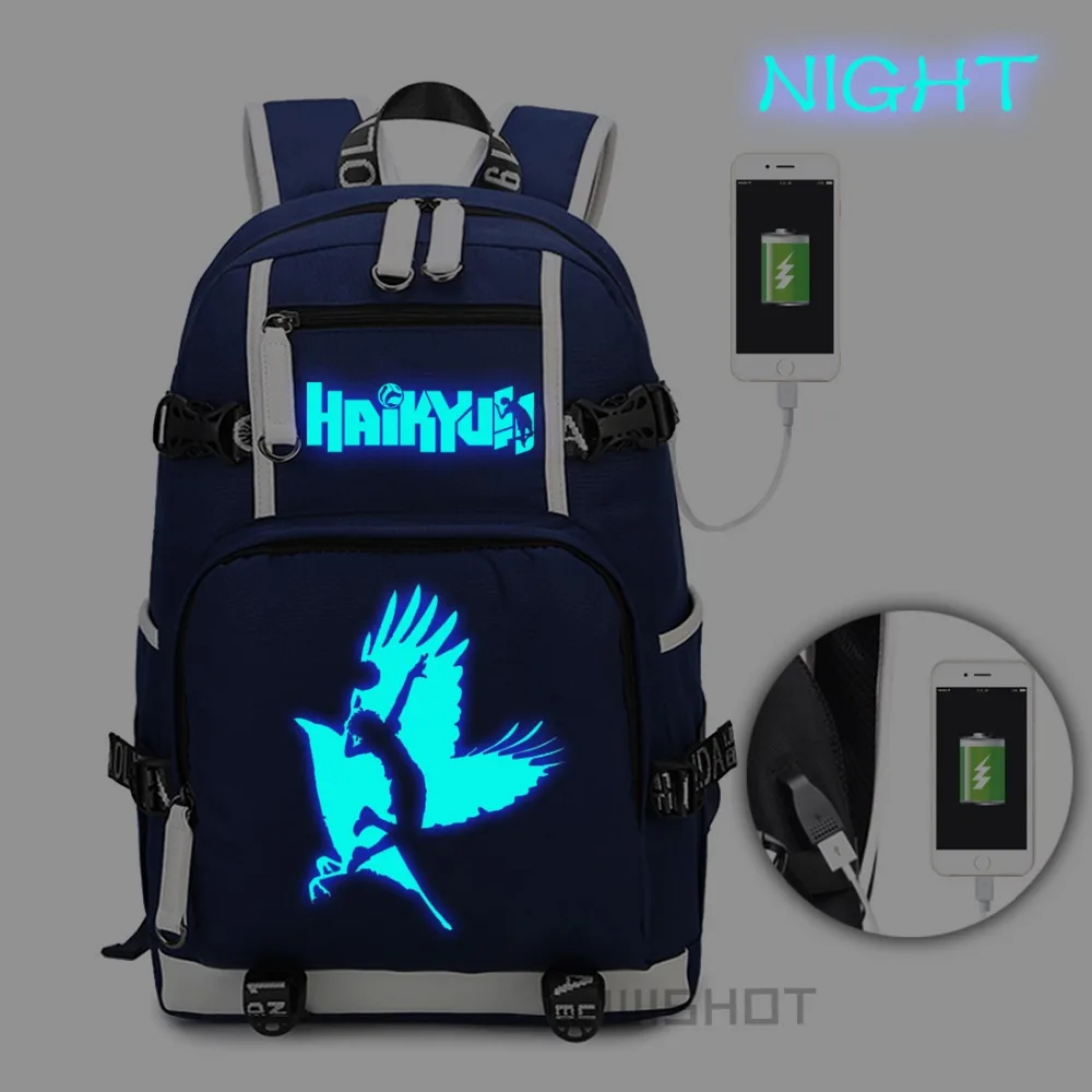 

WISHOT Haikyuu Haikiyu Karasuno Backpack Shoulder travel School Bag for teenagers Casual USB Charging Laptop Luminous Bags