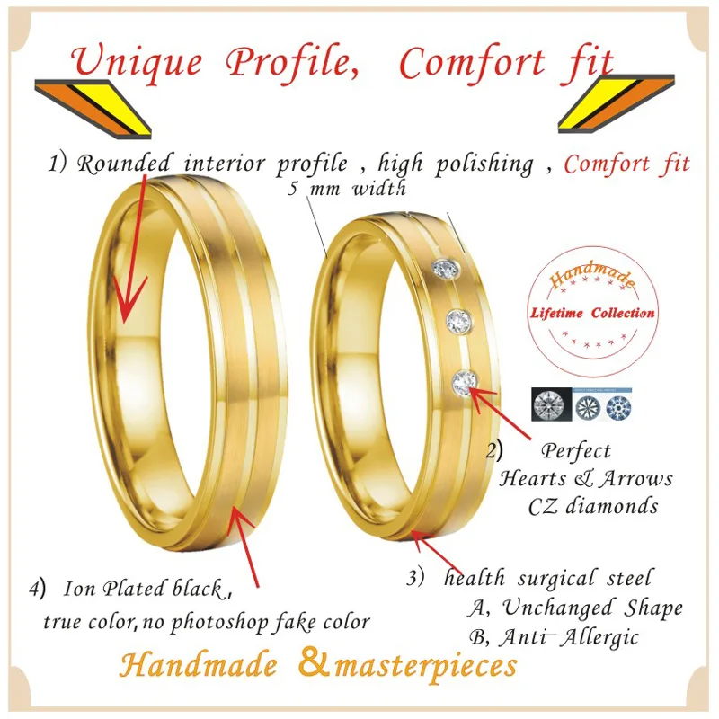 Anniversary Wedding Band Promise Ring men Alliances Gold Color Titanium stainless Steel jewelry Couple Rings for women (2)