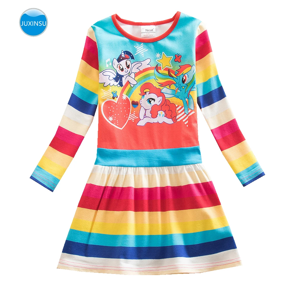 JUXINSU My Baby Girls Little Pony Cartoon Girl Rainbow Long Sleeve Dresses Pony Casual Dress Autumn Winter Home Wear 1-8 Years