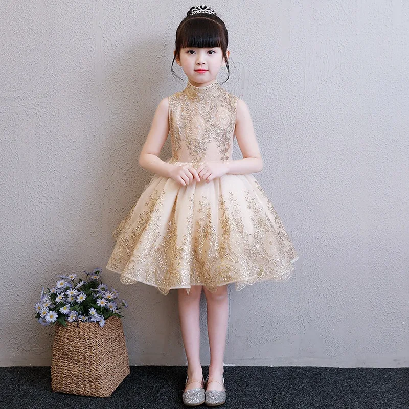Bloem meisje jurk champagne gold sequin Prachtige Mooie birthday party kid mouwloze coltrui baljurk stage kostuum 2018 Bloem meisje jurk champagne gold sequin Prachtige Mooie birthday party kid mouwloze coltrui baljurk stage kostuum 2018