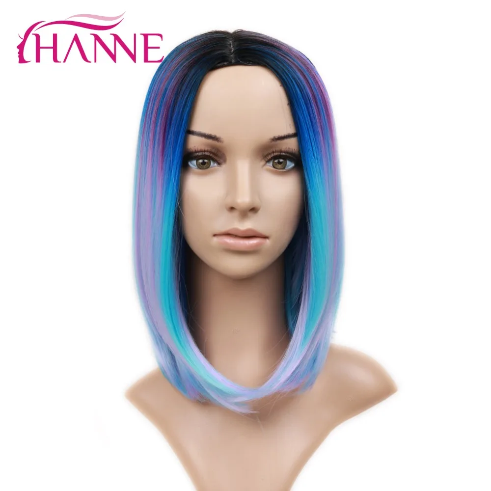 Hanne Short Synthetic Bob Wig Ombre Black Mixed Blue Purple