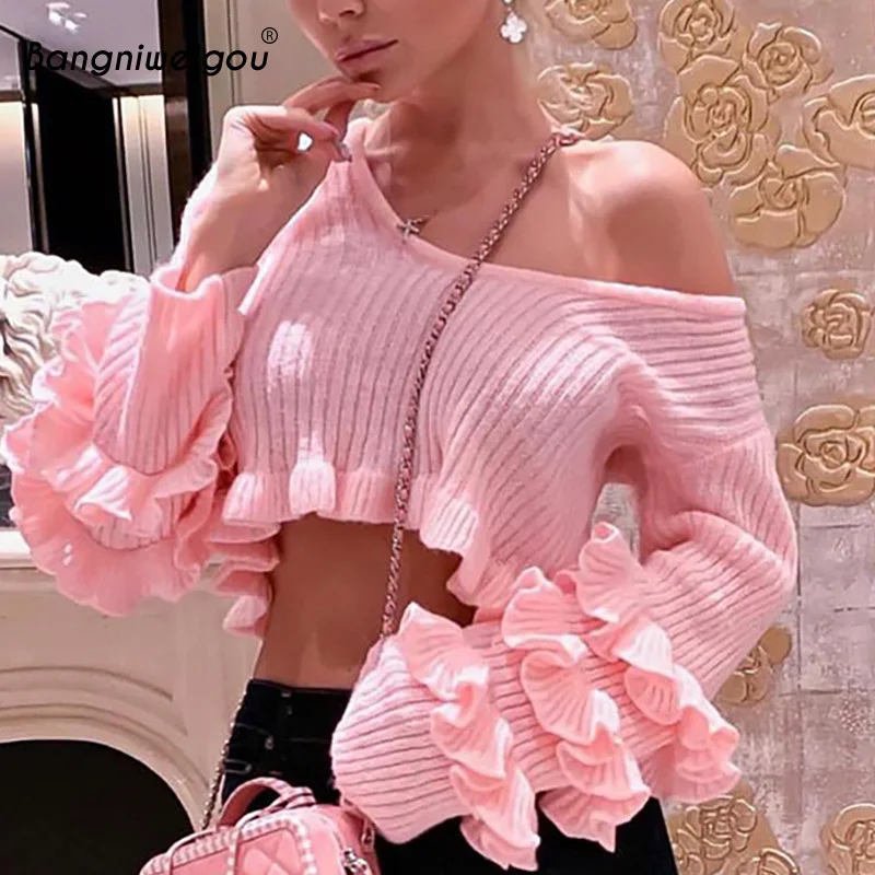 

Bangniweigou Petal Layered Flare Long Sleeve Short Sweater Pink Ruffle Trim Sweet Autumn Winter Women Casual Jumper Sweater Tops