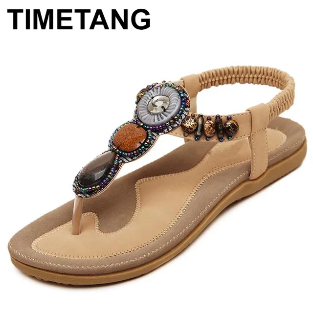 TIMETANG-صندل نسائي من البولي يوريثان مع شريط مطاطي وخرز ، حذاء كاجوال مسطح كبير الحجم 35-42