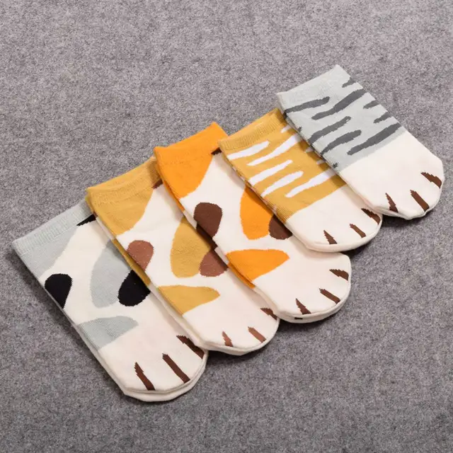5 pairs/Pack Girls Cute Cartoon Ankle Socks Lovely Cat Paw Print Striped Short Socks